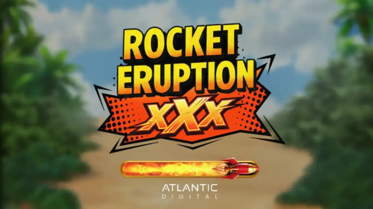 Interface do jogo de slot Rocket Eruption XXX com tema de vulcão e foguetes