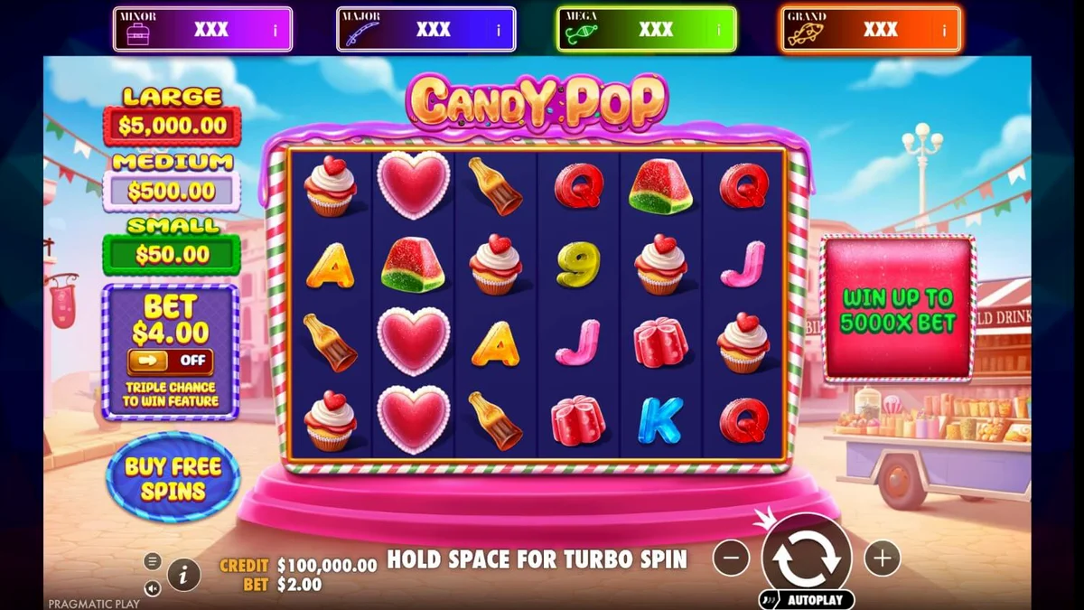Interface colorida e vibrante do jogo de slot Candy Pop com símbolos de doces