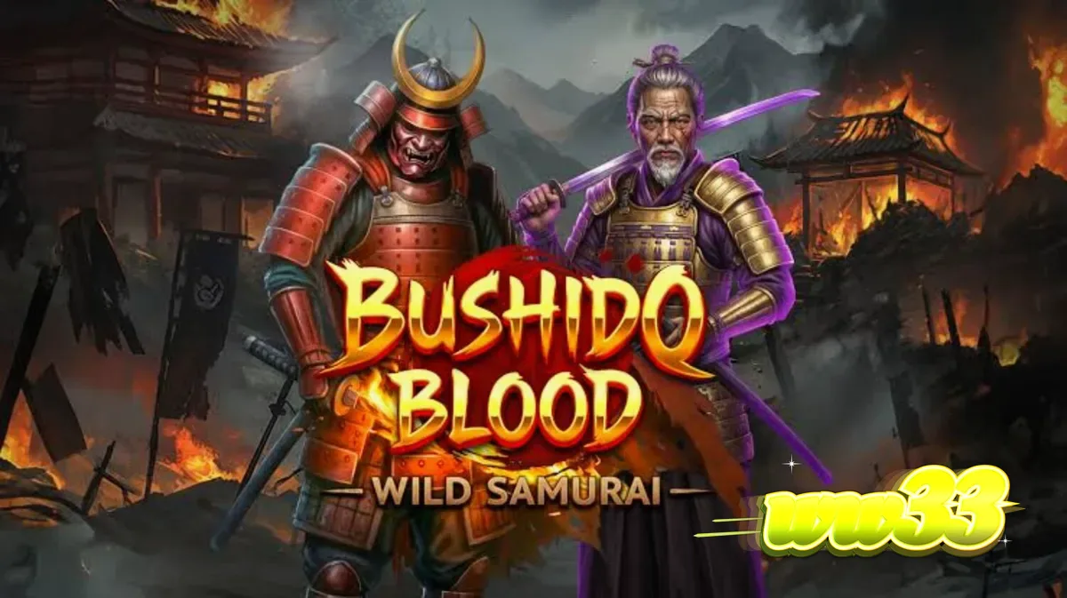 Cena de batalha samurai no slot Bushido Blood com estandartes e armaduras